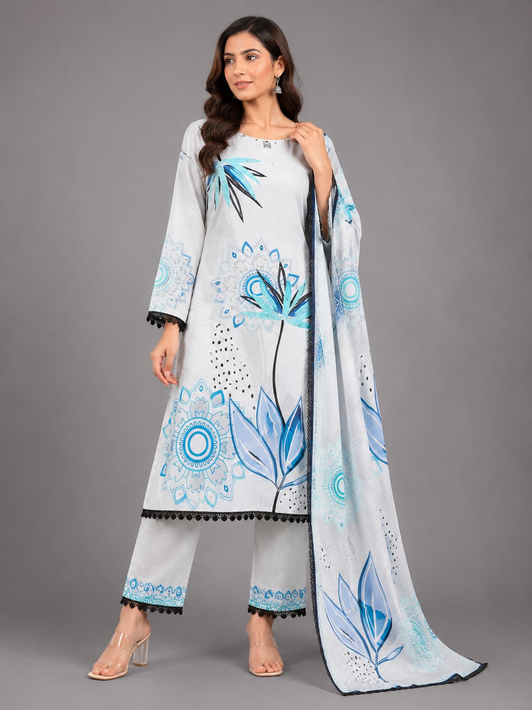 Blue Petal Printed Unstitched 3-Piece Suit