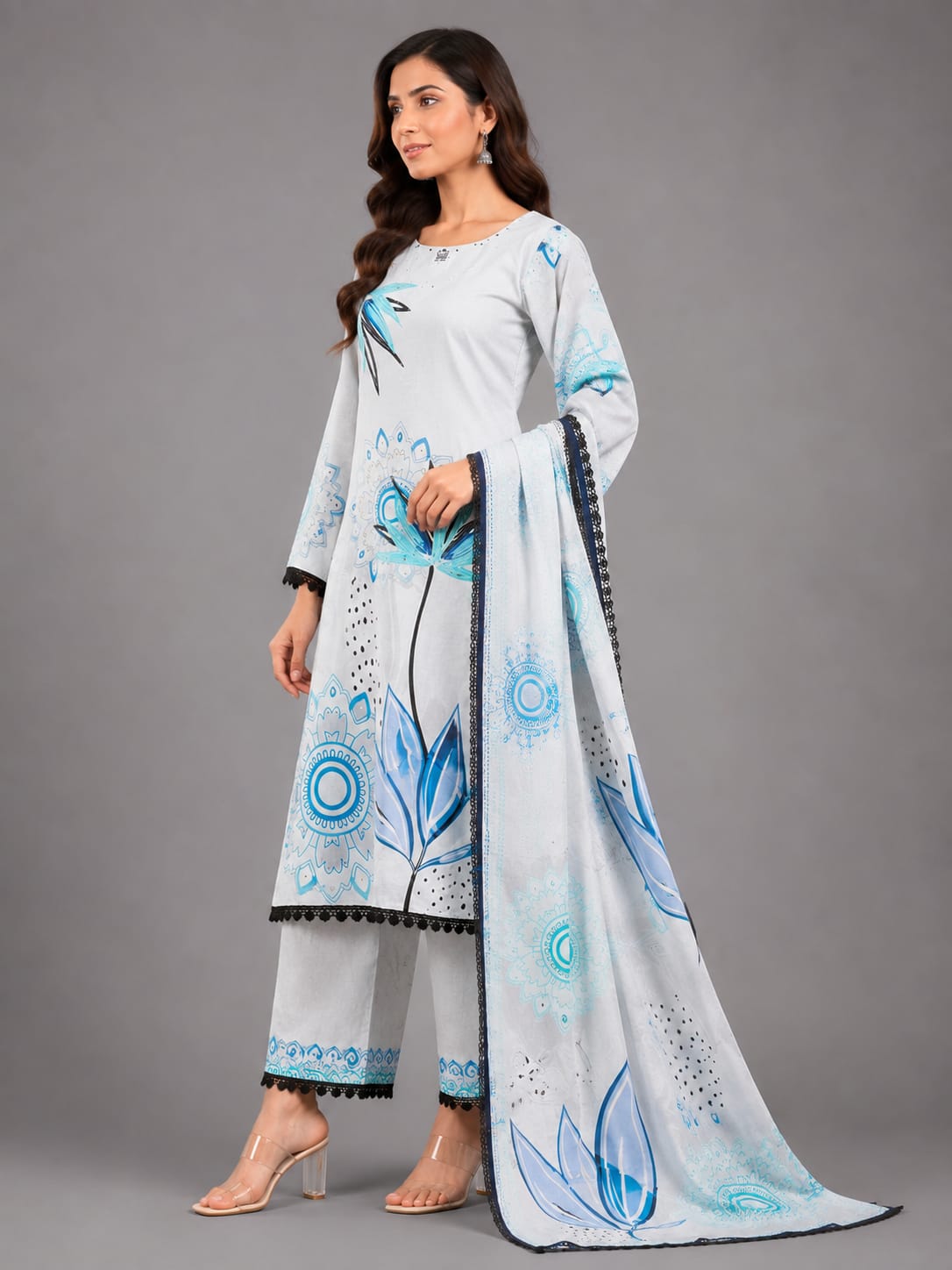 Blue Petal Printed Unstitched 3-Piece Suit