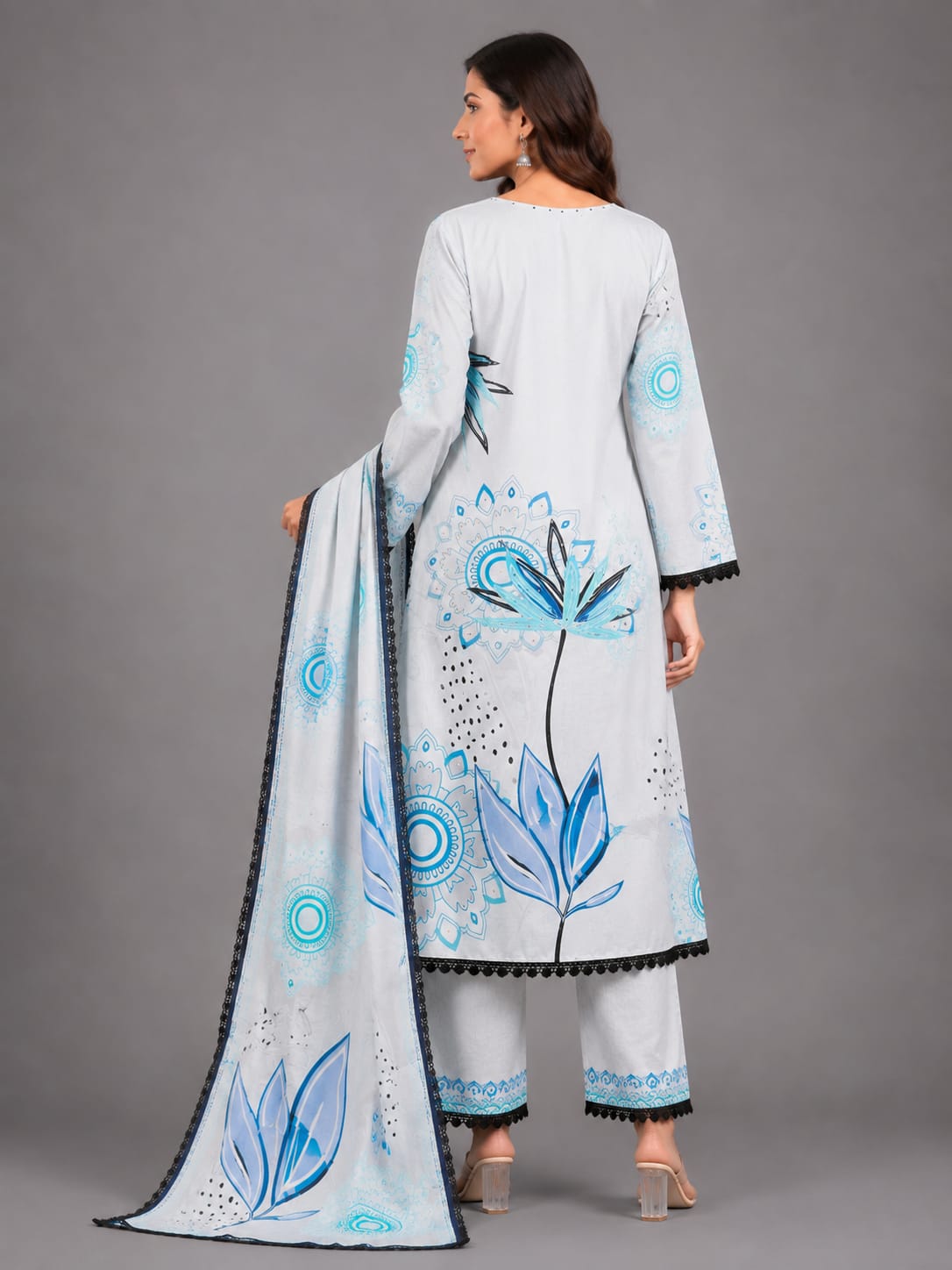 Blue Petal Printed Unstitched 3-Piece Suit