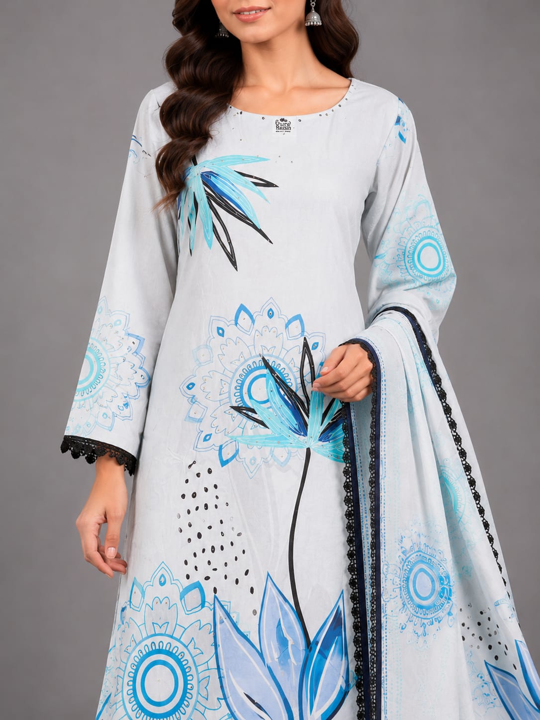 Blue Petal Printed Unstitched 3-Piece Suit