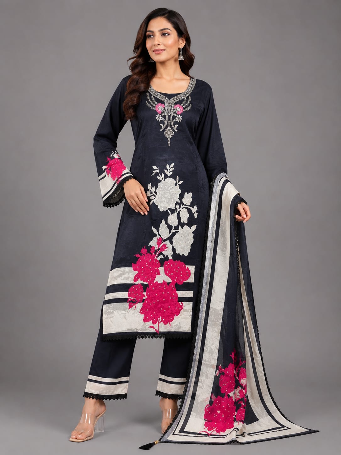Midnight Bloom Black Floral Printed Unstitched Suit Set