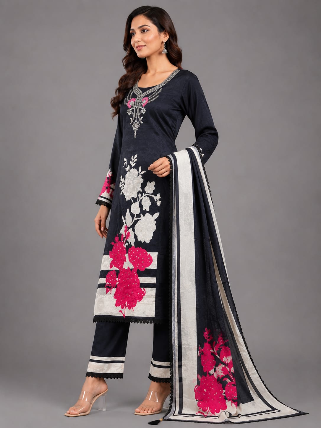 Midnight Bloom Black Floral Printed Unstitched Suit Set