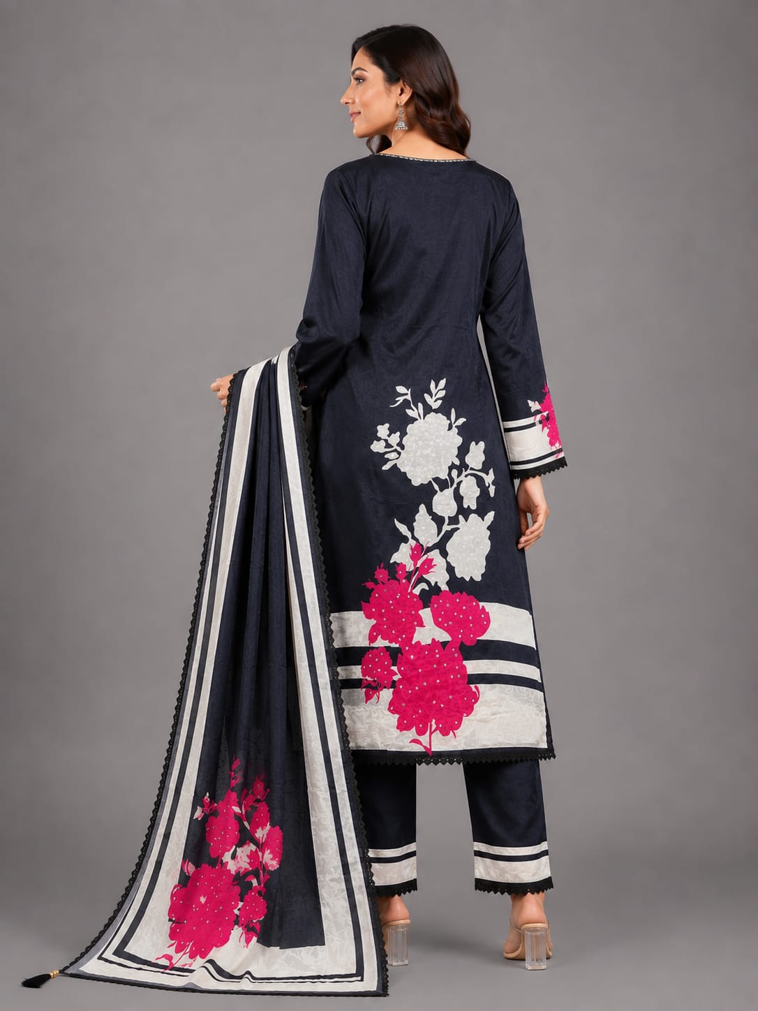 Midnight Bloom Black Floral Printed Unstitched Suit Set
