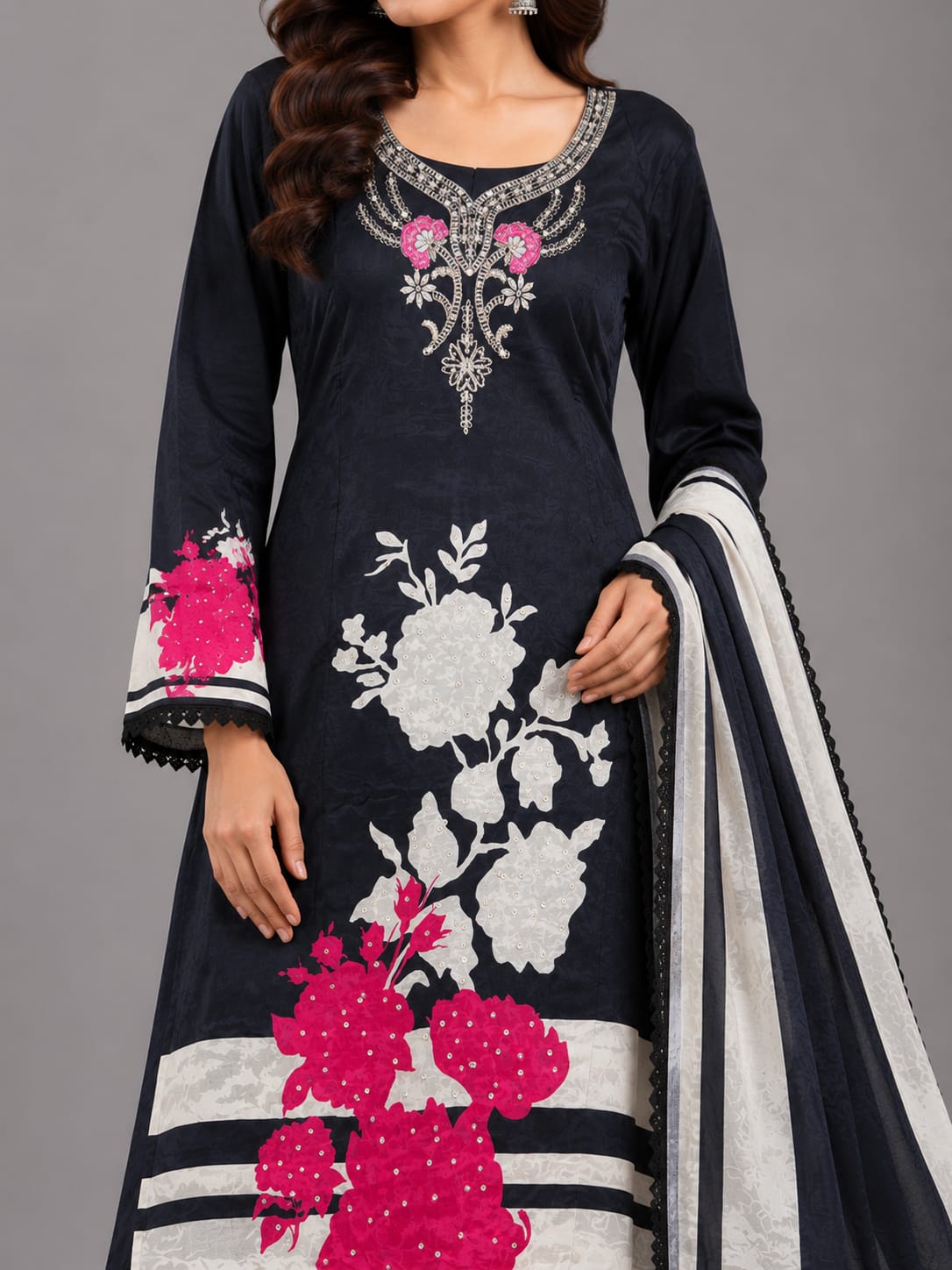 Midnight Bloom Black Floral Printed Unstitched Suit Set