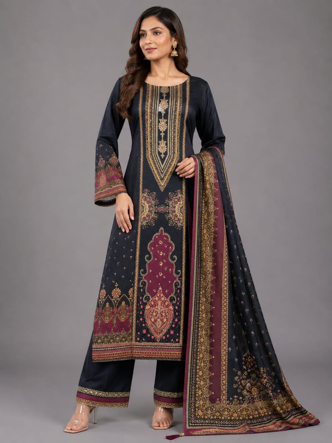 Noir Heritage Black & Wine Printed Unstitched Suit Set