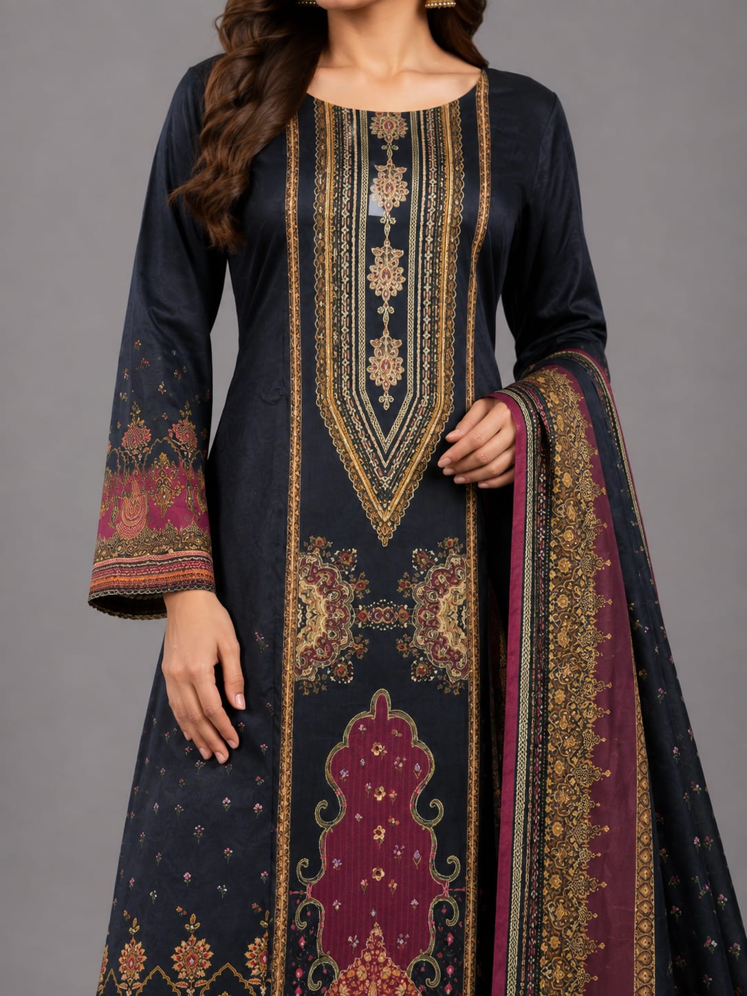 Noir Heritage Black & Wine Printed Unstitched Suit Set
