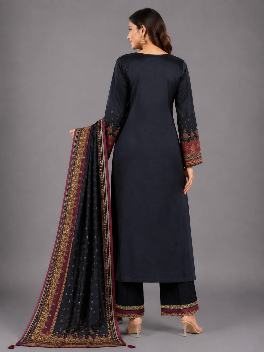 Noir Heritage Black & Wine Printed Unstitched Suit Set