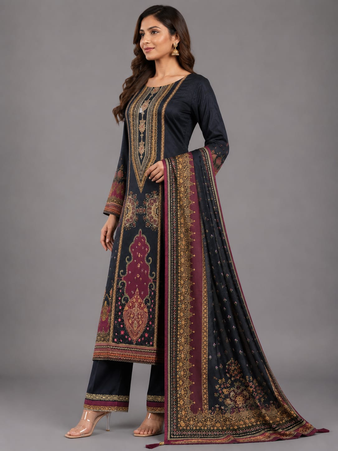 Noir Heritage Black & Wine Printed Unstitched Suit Set