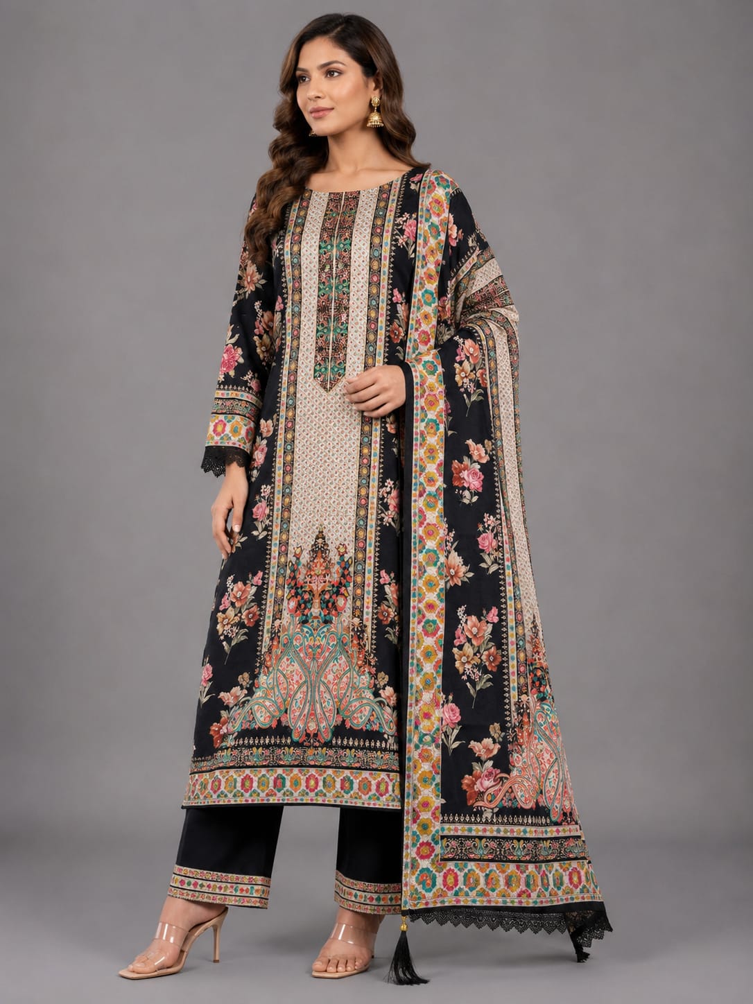 Black Floral Heritage Printed Unstitched Suit Set