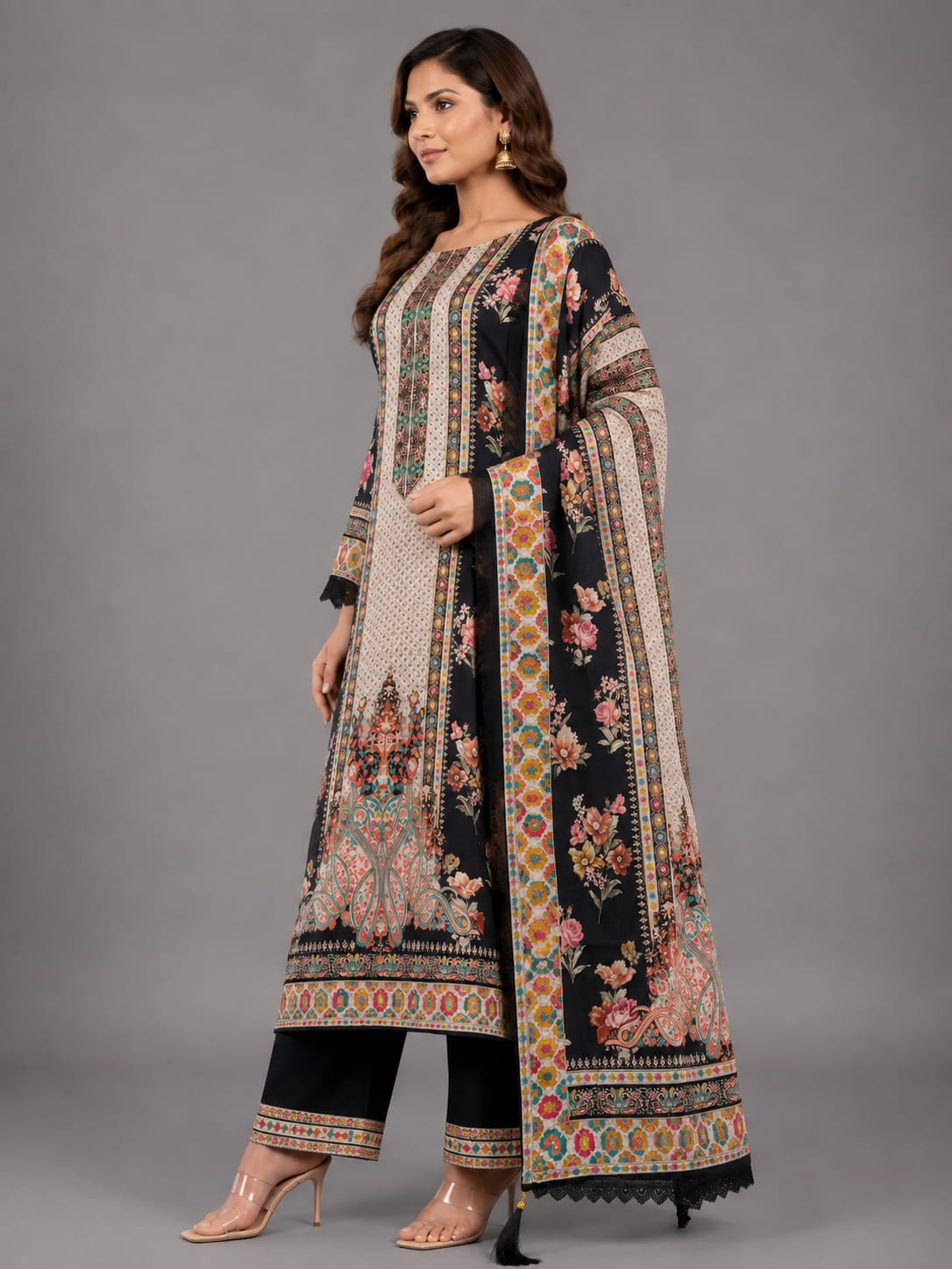 Black Floral Heritage Printed Unstitched Suit Set