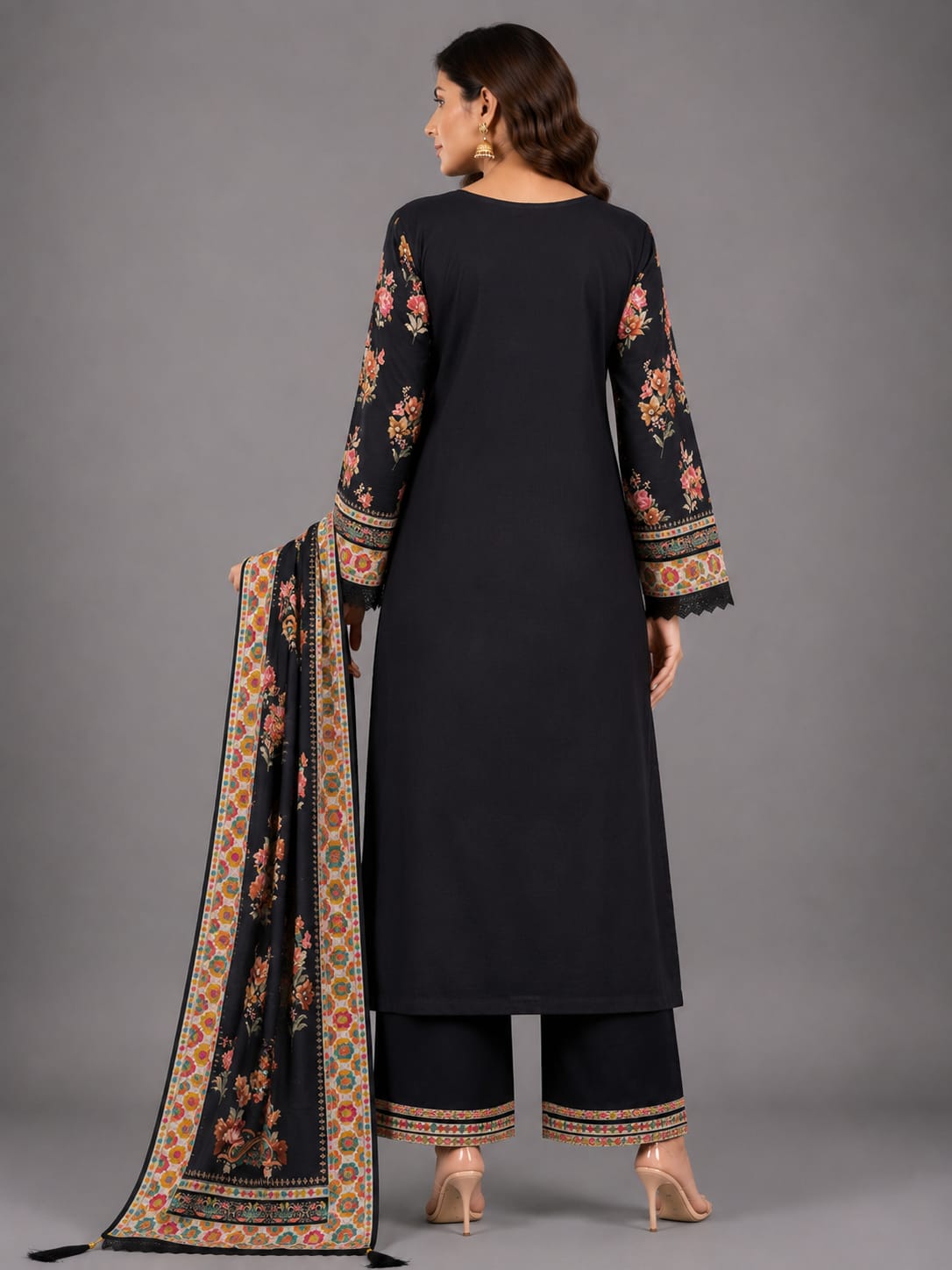 Black Floral Heritage Printed Unstitched Suit Set