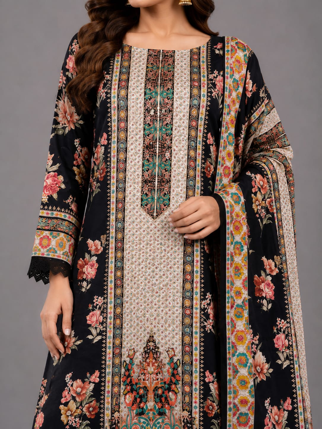 Black Floral Heritage Printed Unstitched Suit Set