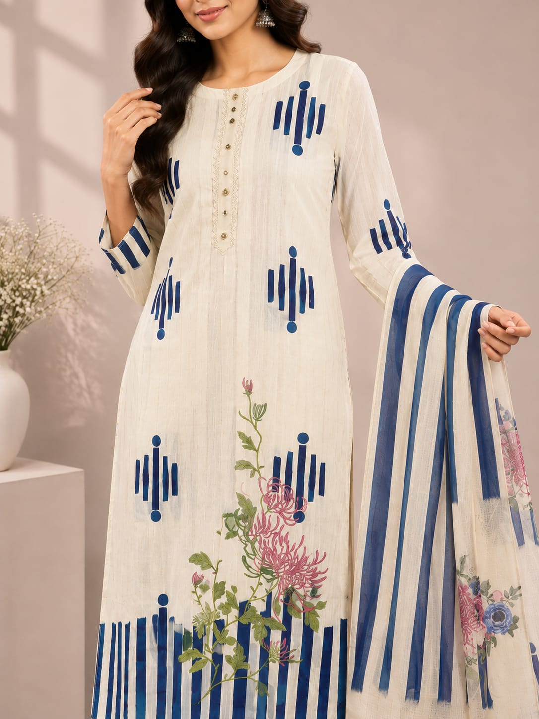 Women’s Sky Blue Printed Jam Satin Unstitched Suit Set with Embroidered Neck, Matching Bottom & Floral Dupatta