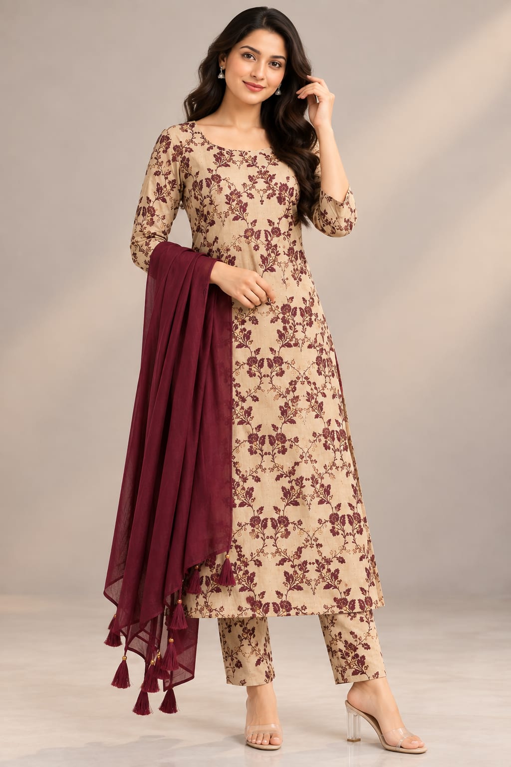 A woman modeling a beige and maroon floral printed salwar kameez suit with a matching maroon dupatta, shown from the back against a neutral studio backdrop.