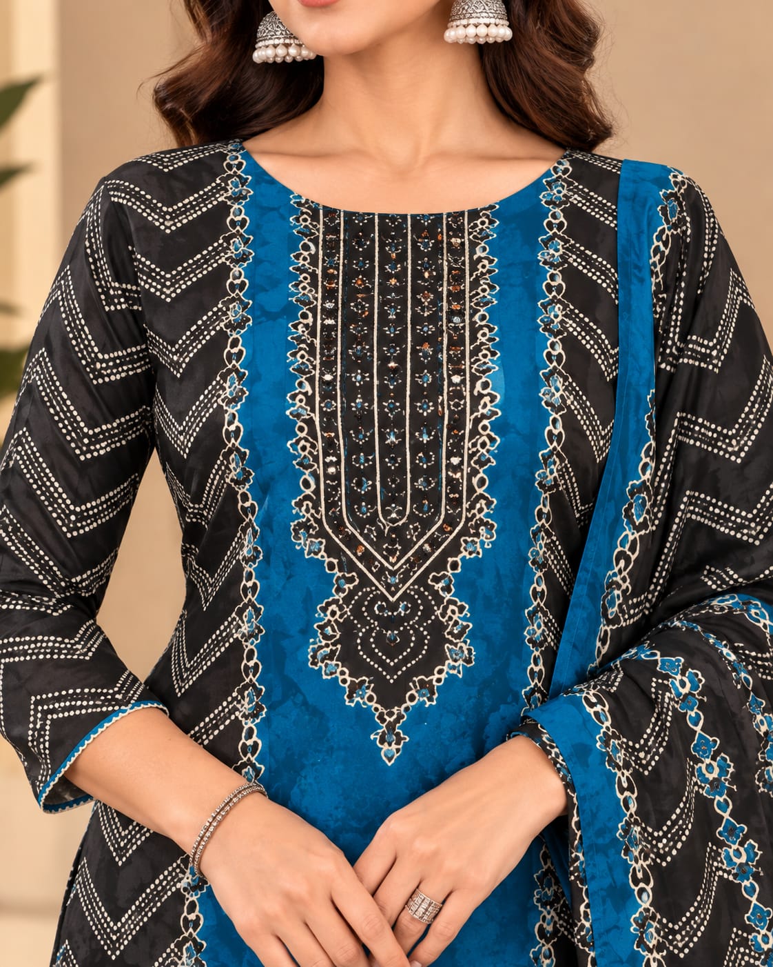 Black & Royal Blue Printed Unstitched Suit Set with Designer Dupatta | Ethnic Ladies Suit