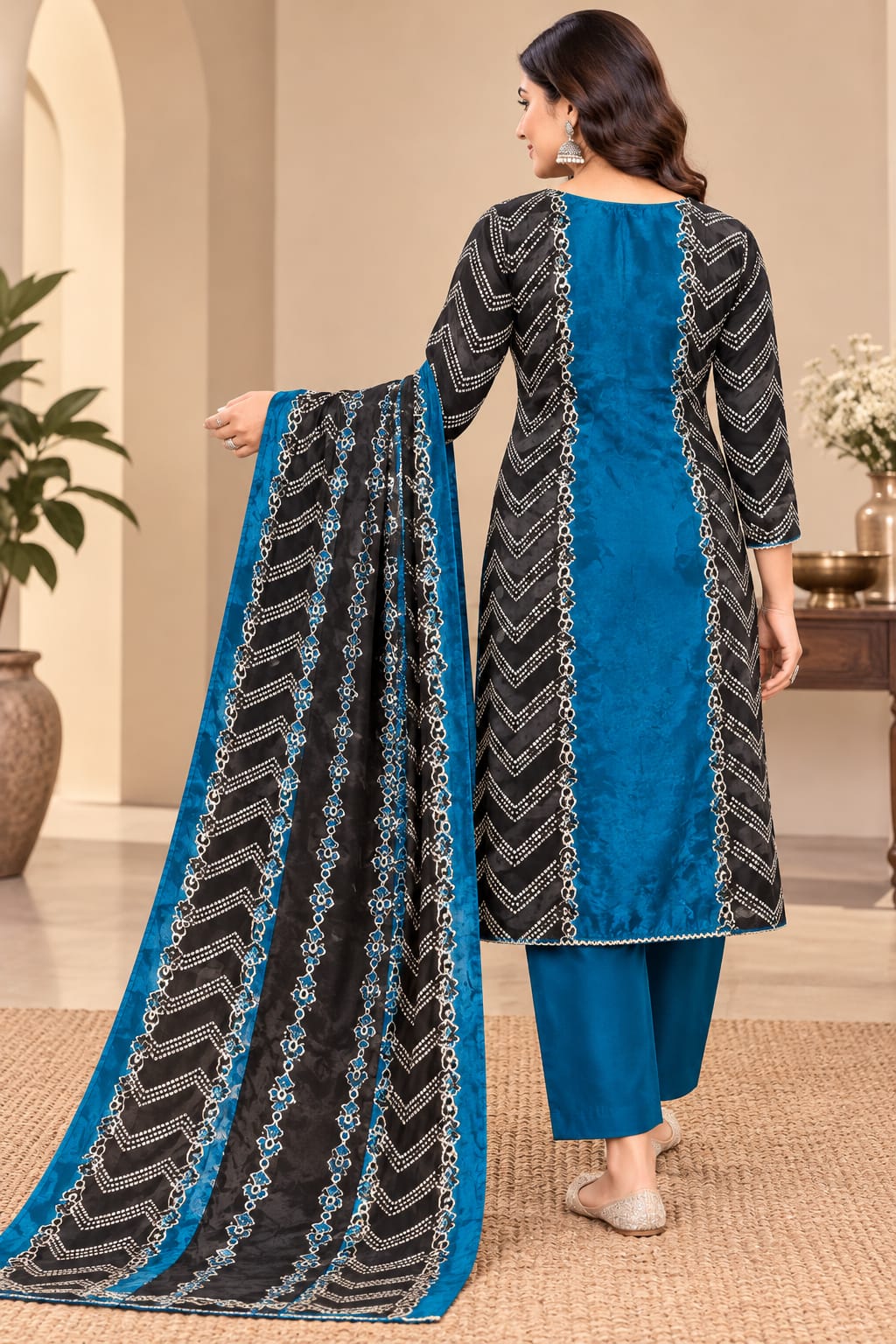 Black & Royal Blue Printed Unstitched Suit Set with Designer Dupatta | Ethnic Ladies Suit