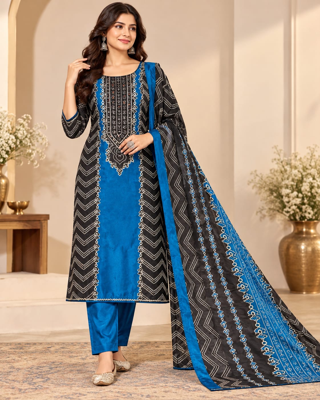 Black & Royal Blue Printed Unstitched Suit Set with Designer Dupatta | Ethnic Ladies Suit