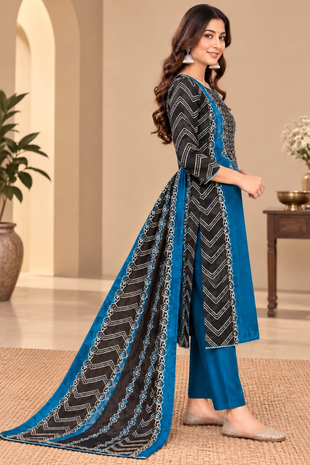 Black & Royal Blue Printed Unstitched Suit Set with Designer Dupatta | Ethnic Ladies Suit