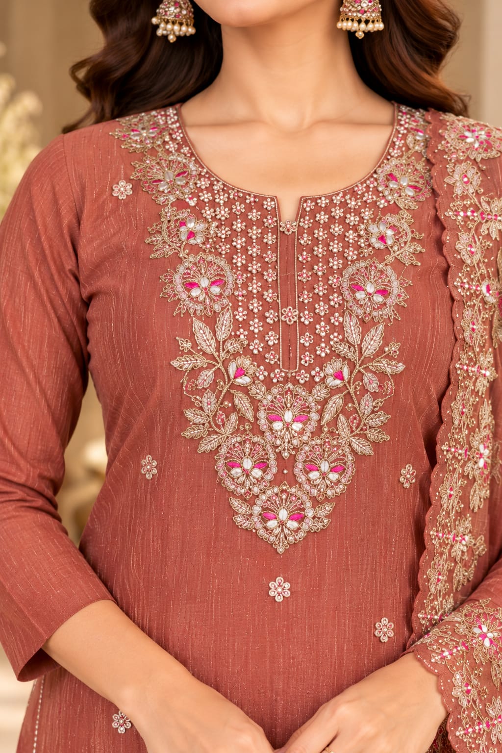 A woman models a dusty rose pink traditional Indian salwar kameez suit set with intricate silver and white embroidery, featuring a matching sheer dupatta.