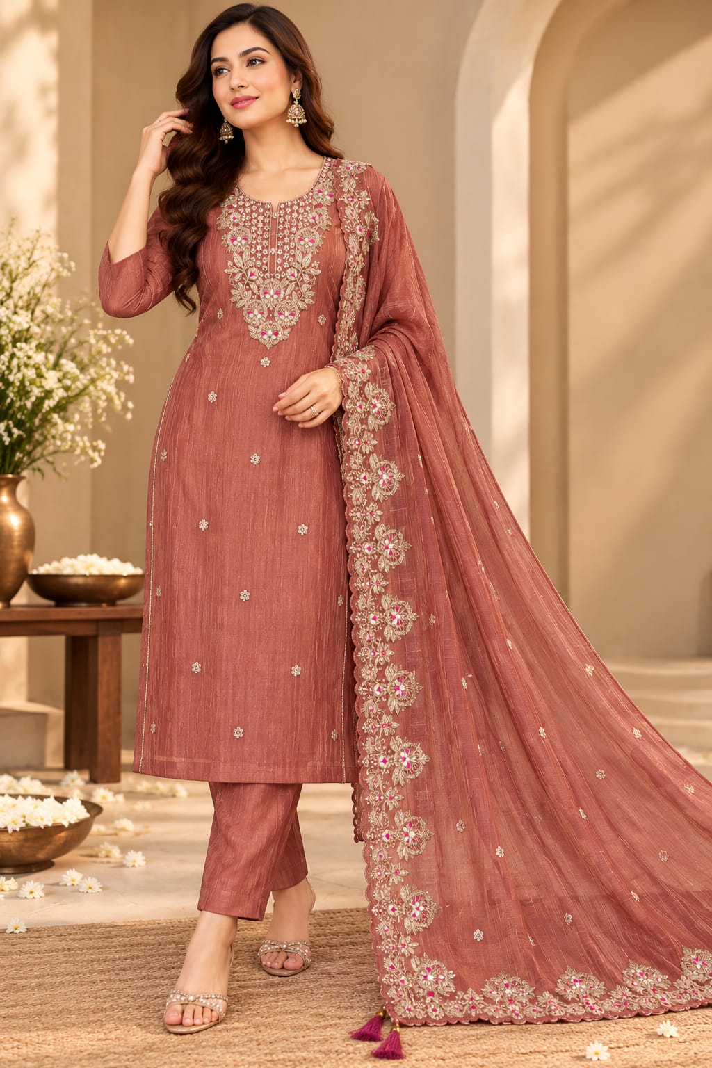 A woman models a dusty rose pink traditional Indian salwar kameez suit set with intricate silver and white embroidery, featuring a matching sheer dupatta.