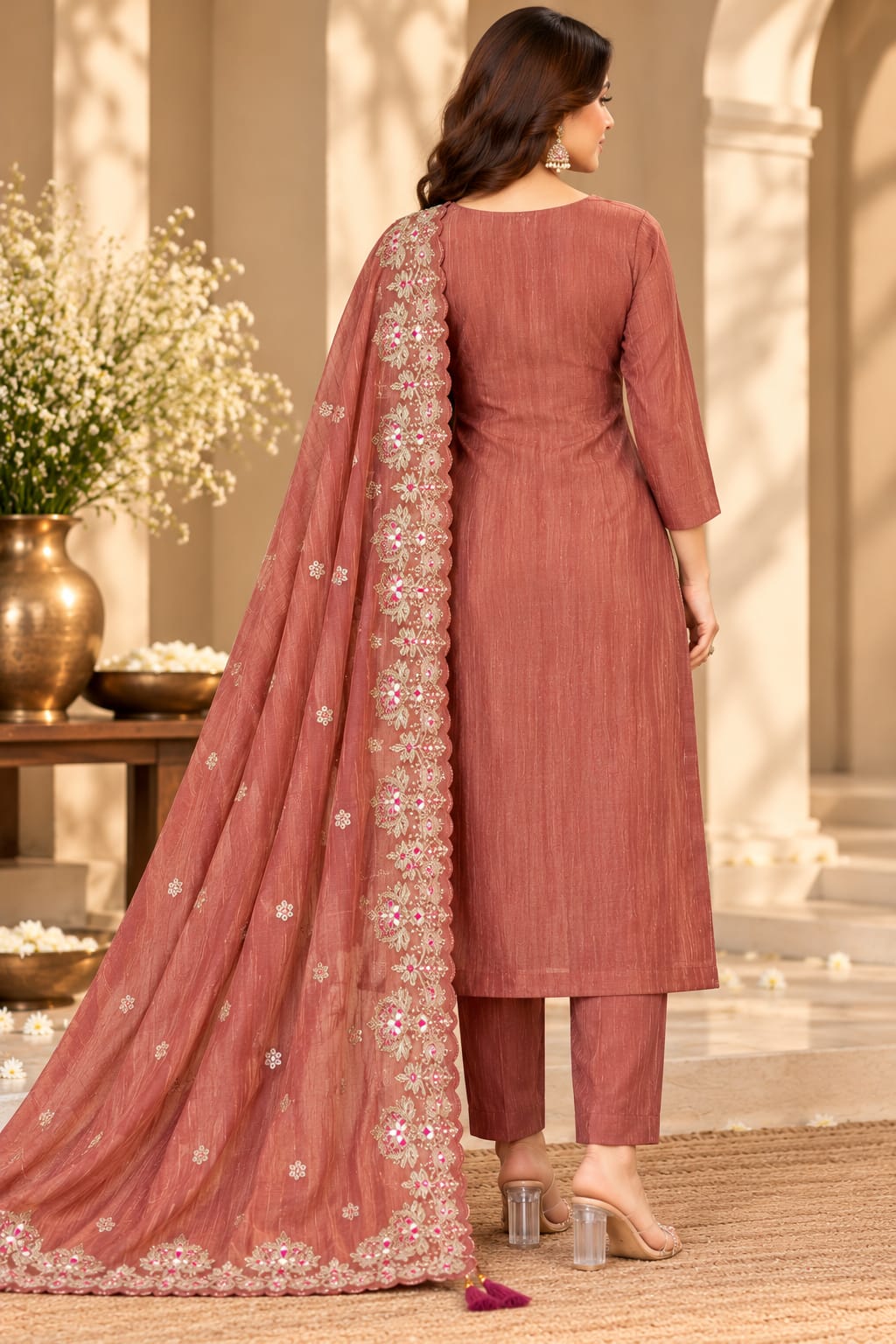 A woman models a dusty rose pink traditional Indian salwar kameez suit set with intricate silver and white embroidery, featuring a matching sheer dupatta.