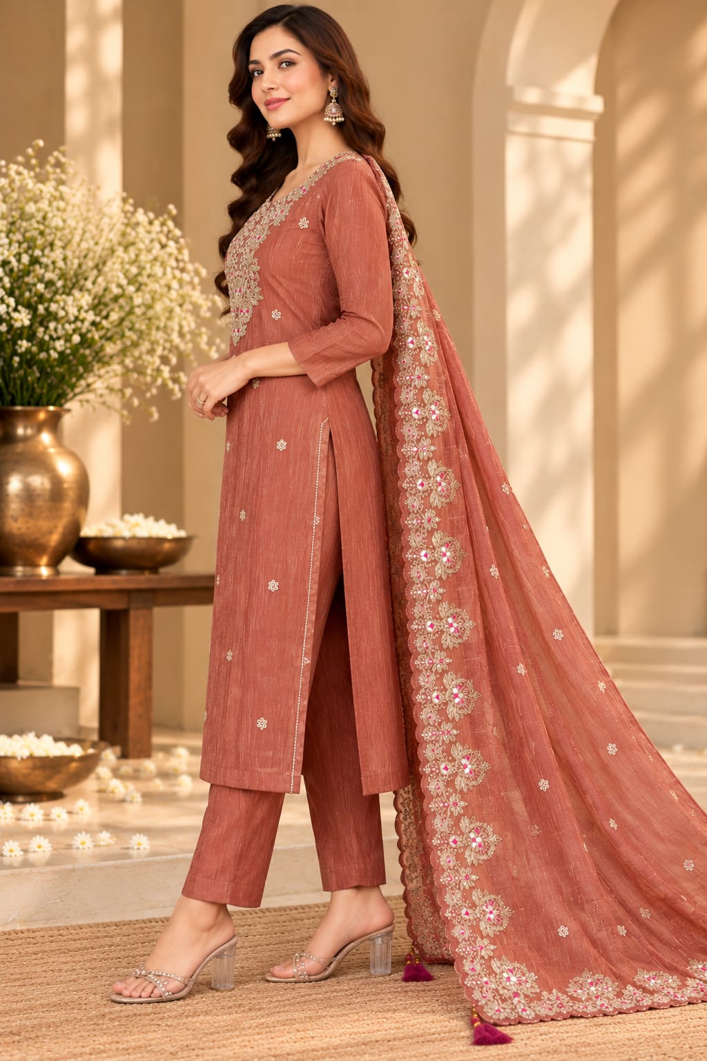 A woman models a dusty rose pink traditional Indian salwar kameez suit set with intricate silver and white embroidery, featuring a matching sheer dupatta.