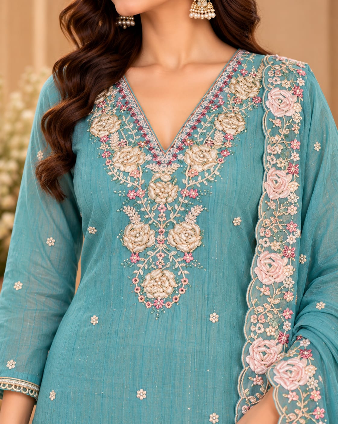 Women’s Teal Blue Embroidered Unstitched Salwar Suit Set with Designer Floral Embroidered Dupatta | 3-Piece Ethnic Dress Material for Women