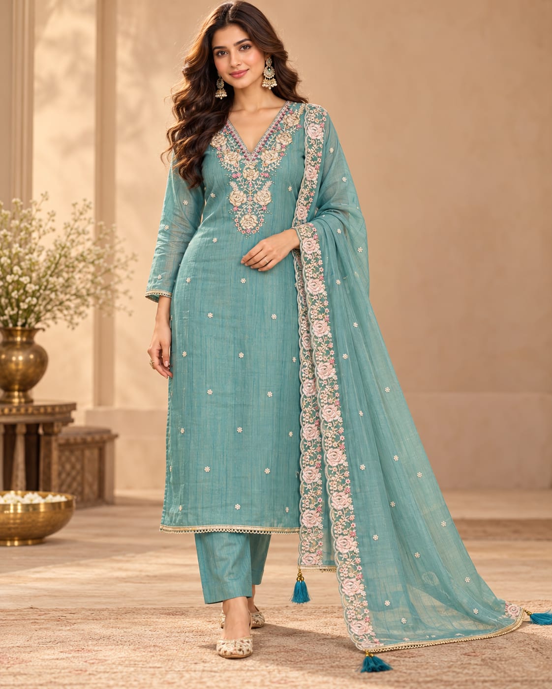 Women’s Teal Blue Embroidered Unstitched Salwar Suit Set with Designer Floral Embroidered Dupatta | 3-Piece Ethnic Dress Material for Women