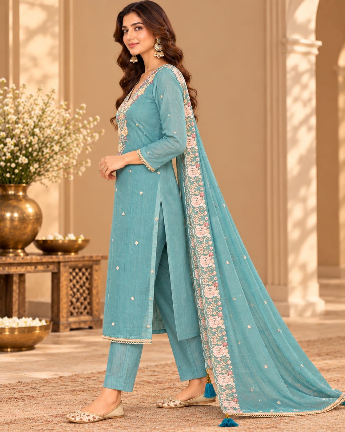 Women’s Teal Blue Embroidered Unstitched Salwar Suit Set with Designer Floral Embroidered Dupatta | 3-Piece Ethnic Dress Material for Women