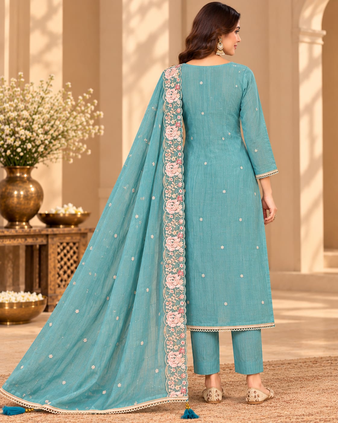 Women’s Teal Blue Embroidered Unstitched Salwar Suit Set with Designer Floral Embroidered Dupatta | 3-Piece Ethnic Dress Material for Women