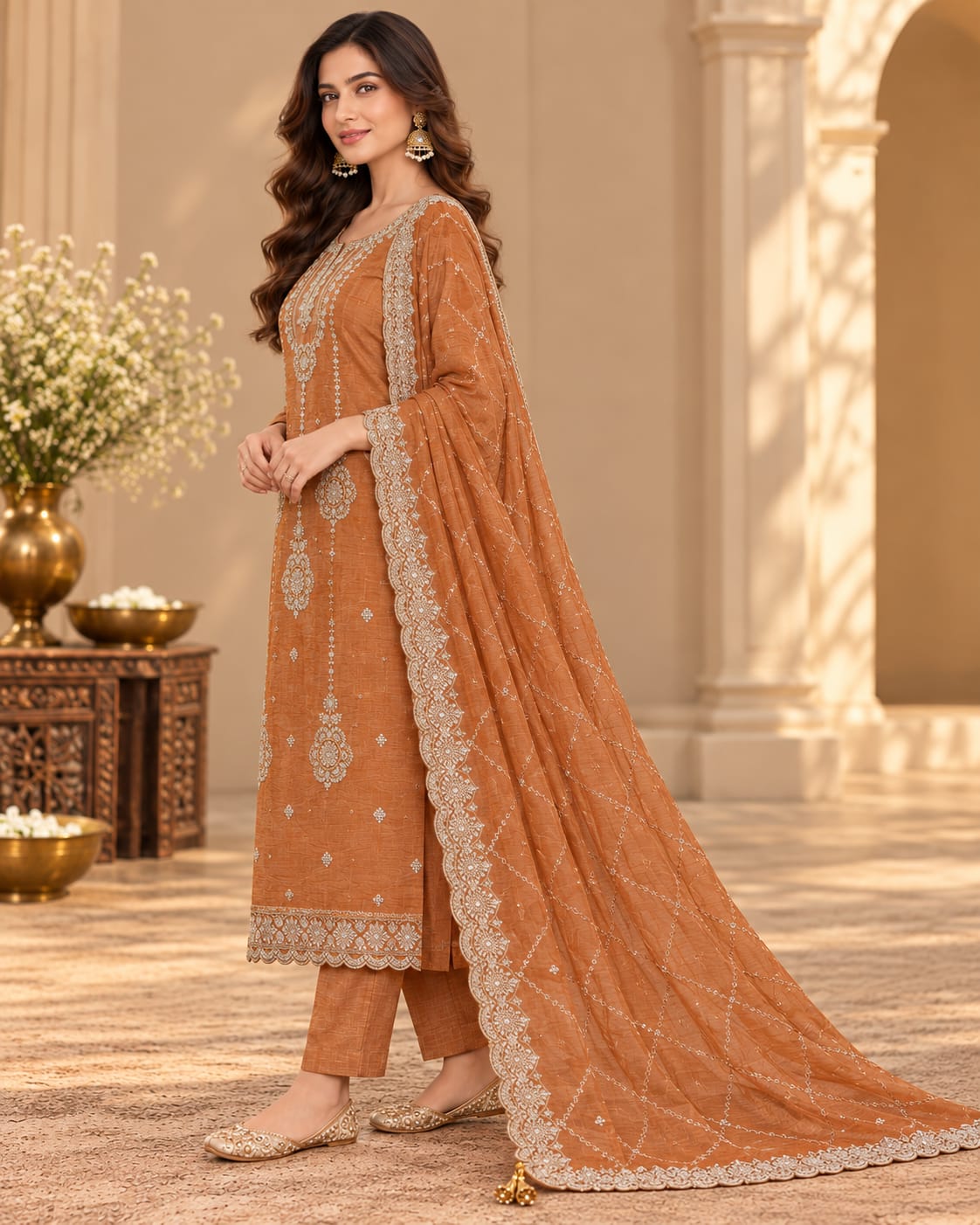 Women’s Rust Brown Embroidered Unstitched Salwar Suit Set with Designer Embroidered Dupatta | 3-Piece Ethnic Dress Material for Women