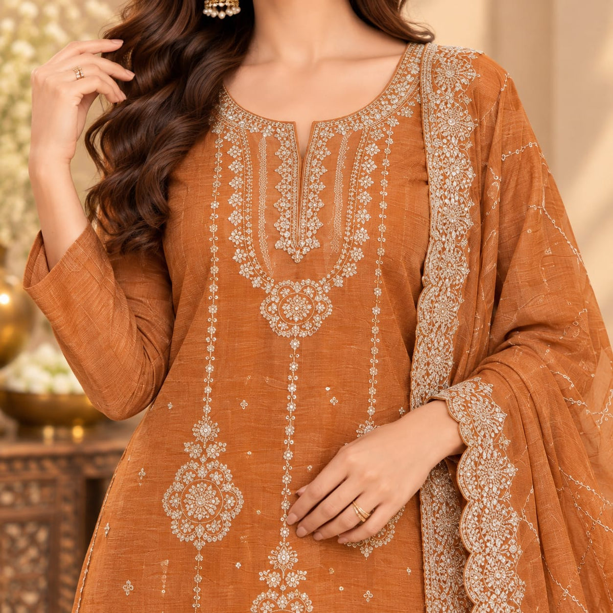 Women’s Rust Brown Embroidered Unstitched Salwar Suit Set with Designer Embroidered Dupatta | 3-Piece Ethnic Dress Material for Women