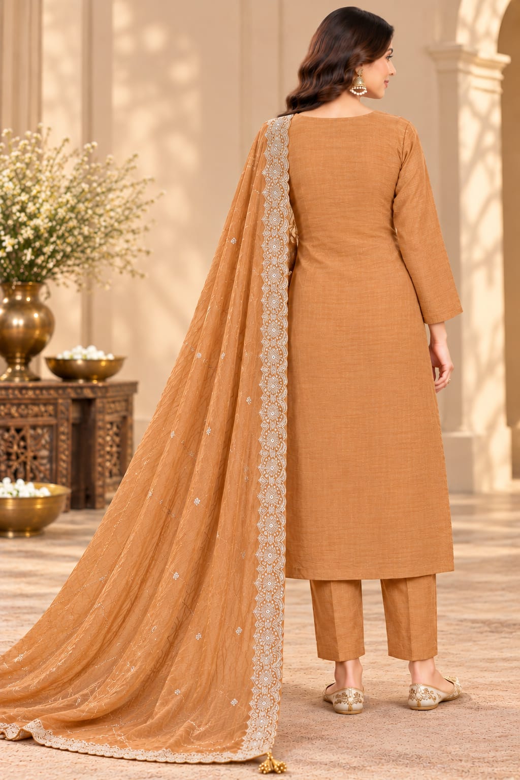 Women’s Rust Brown Embroidered Unstitched Salwar Suit Set with Designer Embroidered Dupatta | 3-Piece Ethnic Dress Material for Women