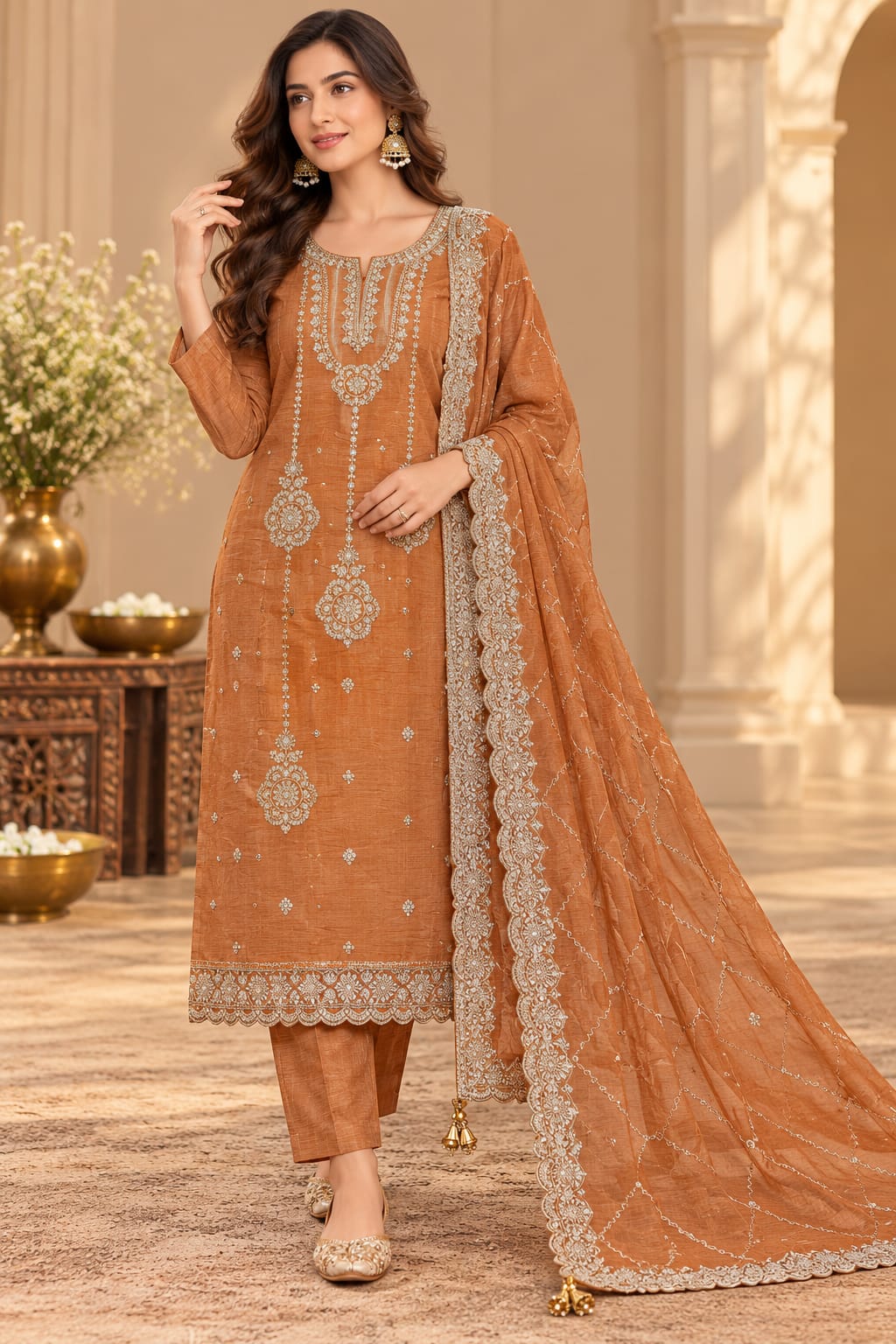 Women’s Rust Brown Embroidered Unstitched Salwar Suit Set with Designer Embroidered Dupatta | 3-Piece Ethnic Dress Material for Women