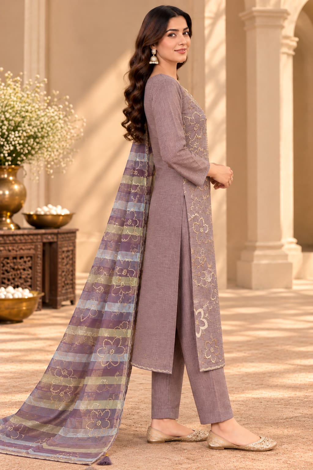 Women’s Lavender Purple Embroidered Unstitched Salwar Suit Set with Designer Striped Floral Dupatta | 3-Piece Ethnic Dress Material for Women