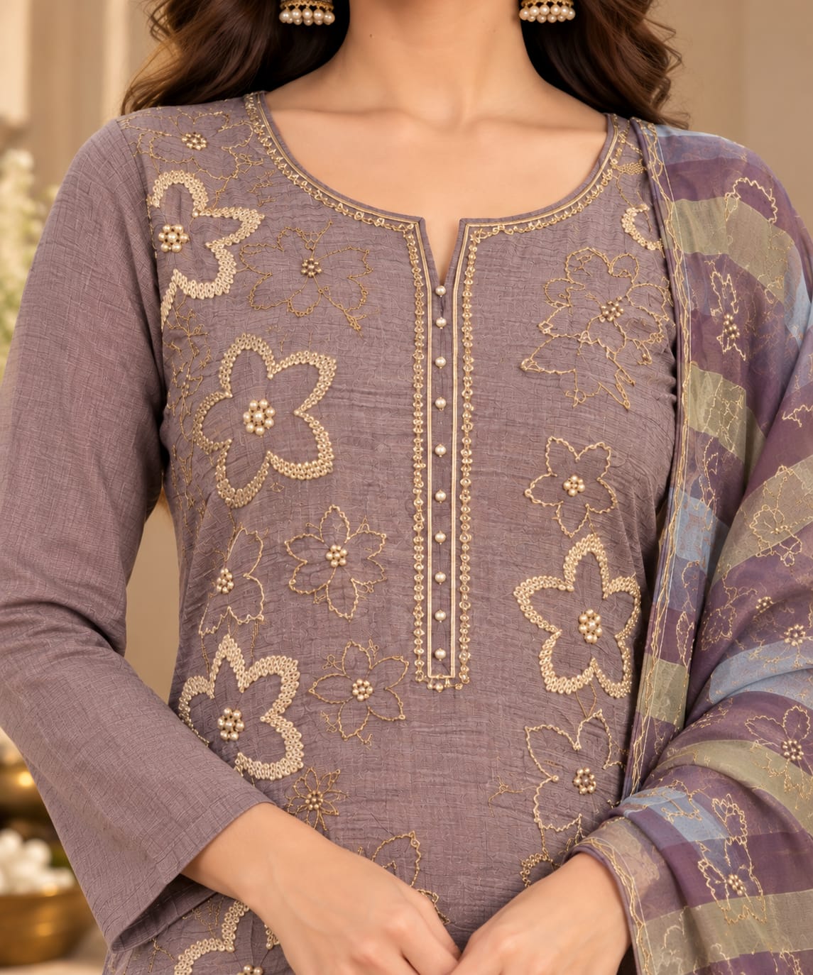 Women’s Lavender Purple Embroidered Unstitched Salwar Suit Set with Designer Striped Floral Dupatta | 3-Piece Ethnic Dress Material for Women