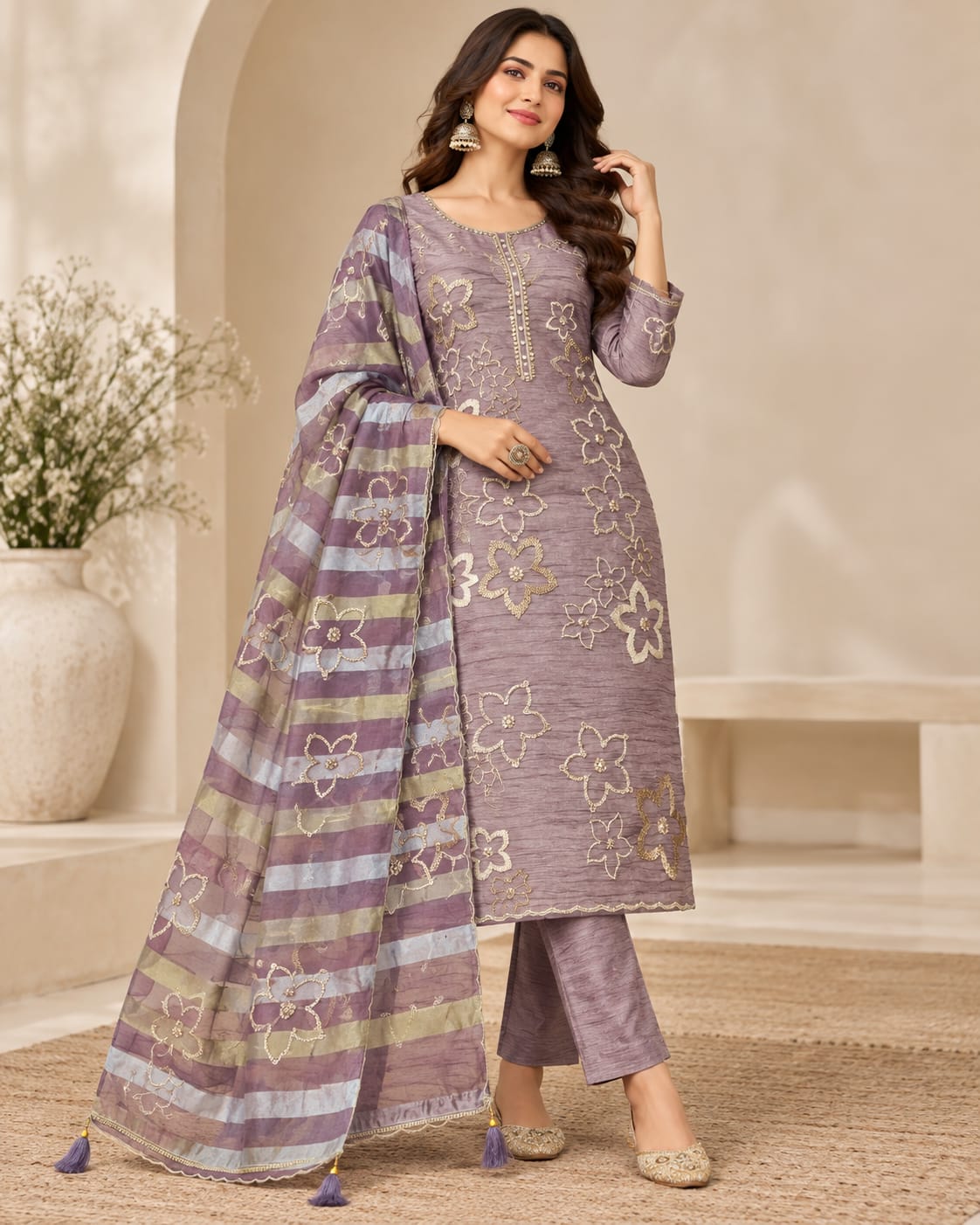 Women’s Lavender Purple Embroidered Unstitched Salwar Suit Set with Designer Striped Floral Dupatta | 3-Piece Ethnic Dress Material for Women