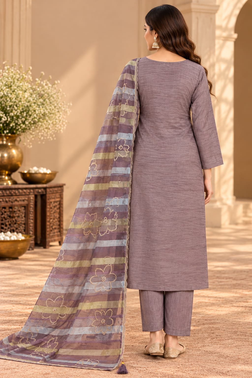Women’s Lavender Purple Embroidered Unstitched Salwar Suit Set with Designer Striped Floral Dupatta | 3-Piece Ethnic Dress Material for Women