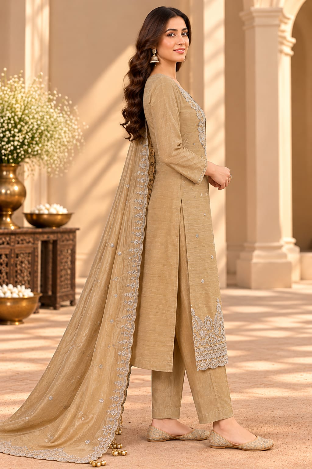 Women’s Beige Golden Embroidered Unstitched Salwar Suit Set with Designer Lace Border Dupatta | 3-Piece Ethnic Dress Material for Women