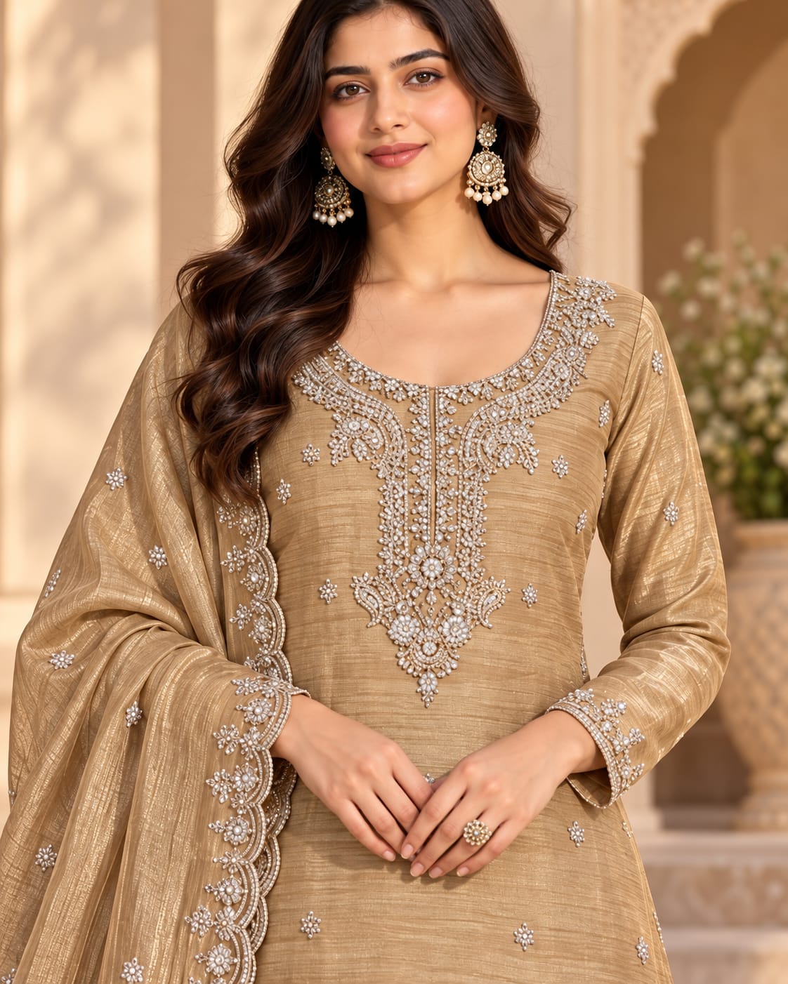 Women’s Beige Golden Embroidered Unstitched Salwar Suit Set with Designer Lace Border Dupatta | 3-Piece Ethnic Dress Material for Women