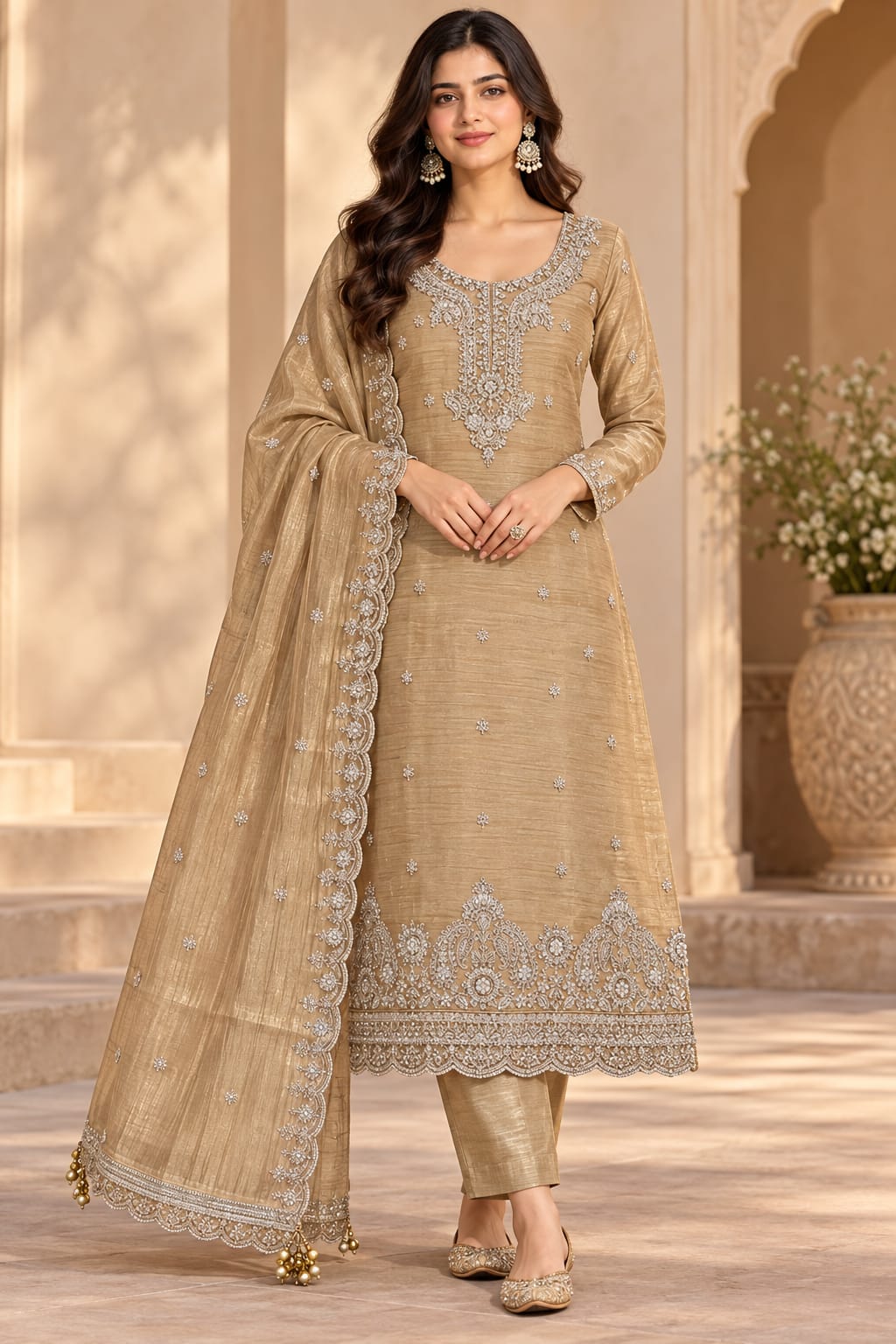 Women’s Beige Golden Embroidered Unstitched Salwar Suit Set with Designer Lace Border Dupatta | 3-Piece Ethnic Dress Material for Women