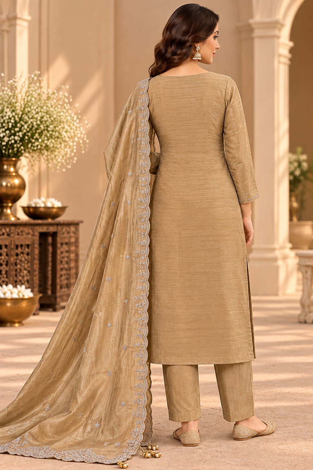 Women’s Beige Golden Embroidered Unstitched Salwar Suit Set with Designer Lace Border Dupatta | 3-Piece Ethnic Dress Material for Women
