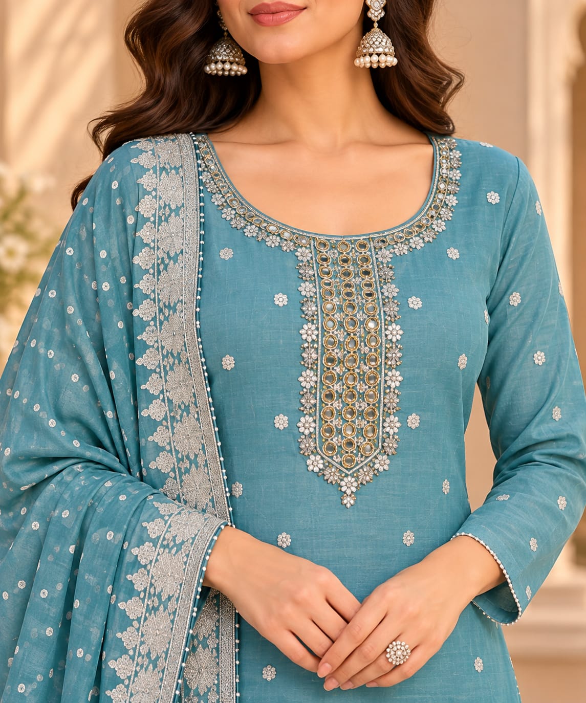 Women’s Blue Embroidered Unstitched Salwar Suit Set with Designer Printed Dupatta | Elegant 3-Piece Ethnic Dress Material