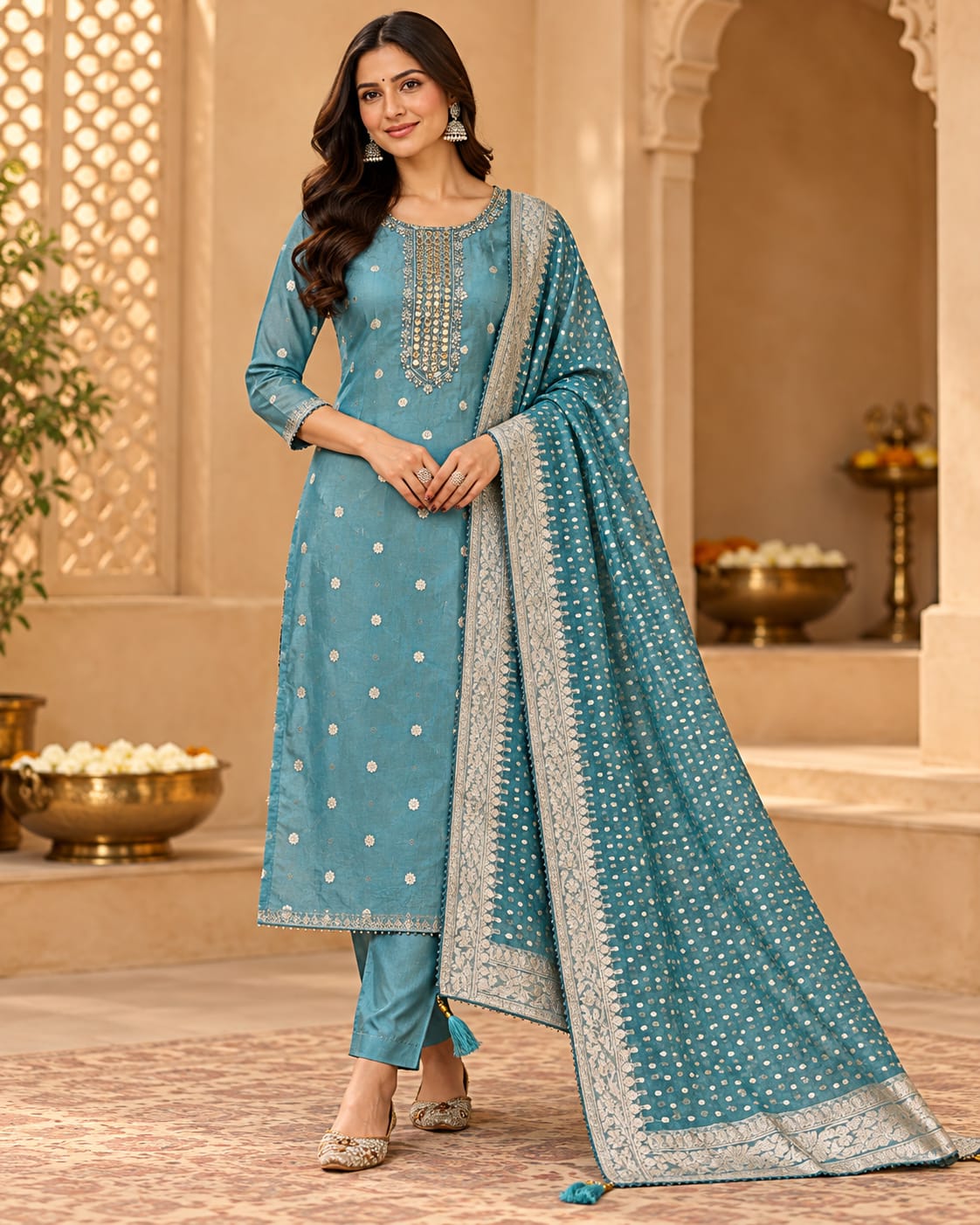 Women’s Blue Embroidered Unstitched Salwar Suit Set with Designer Printed Dupatta | Elegant 3-Piece Ethnic Dress Material