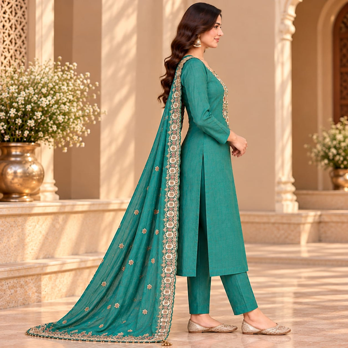 Women’s Teal Embroidered Unstitched Salwar Suit Set with Designer Printed Dupatta | Elegant 3-Piece Ethnic Dress Material