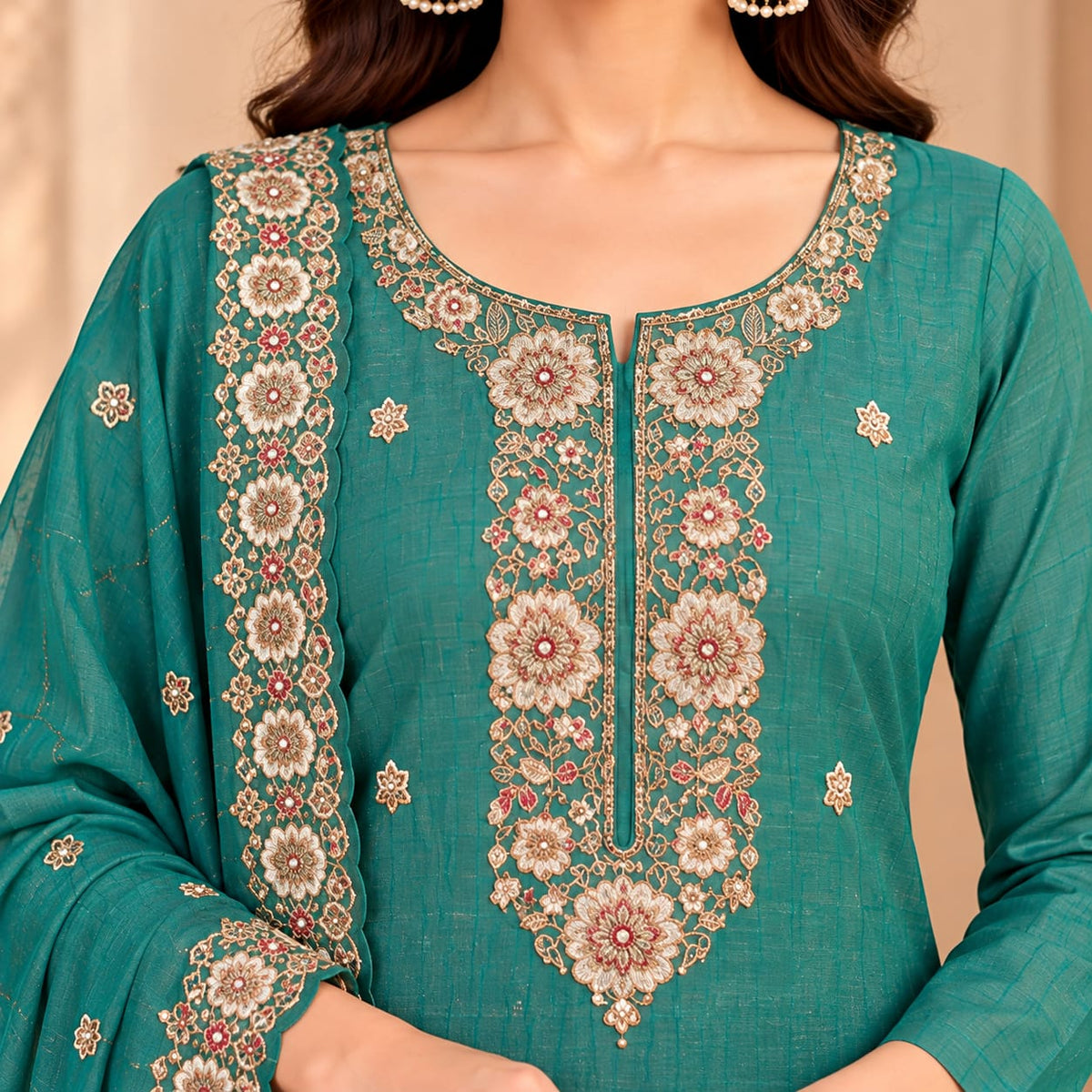 Women’s Teal Embroidered Unstitched Salwar Suit Set with Designer Printed Dupatta | Elegant 3-Piece Ethnic Dress Material