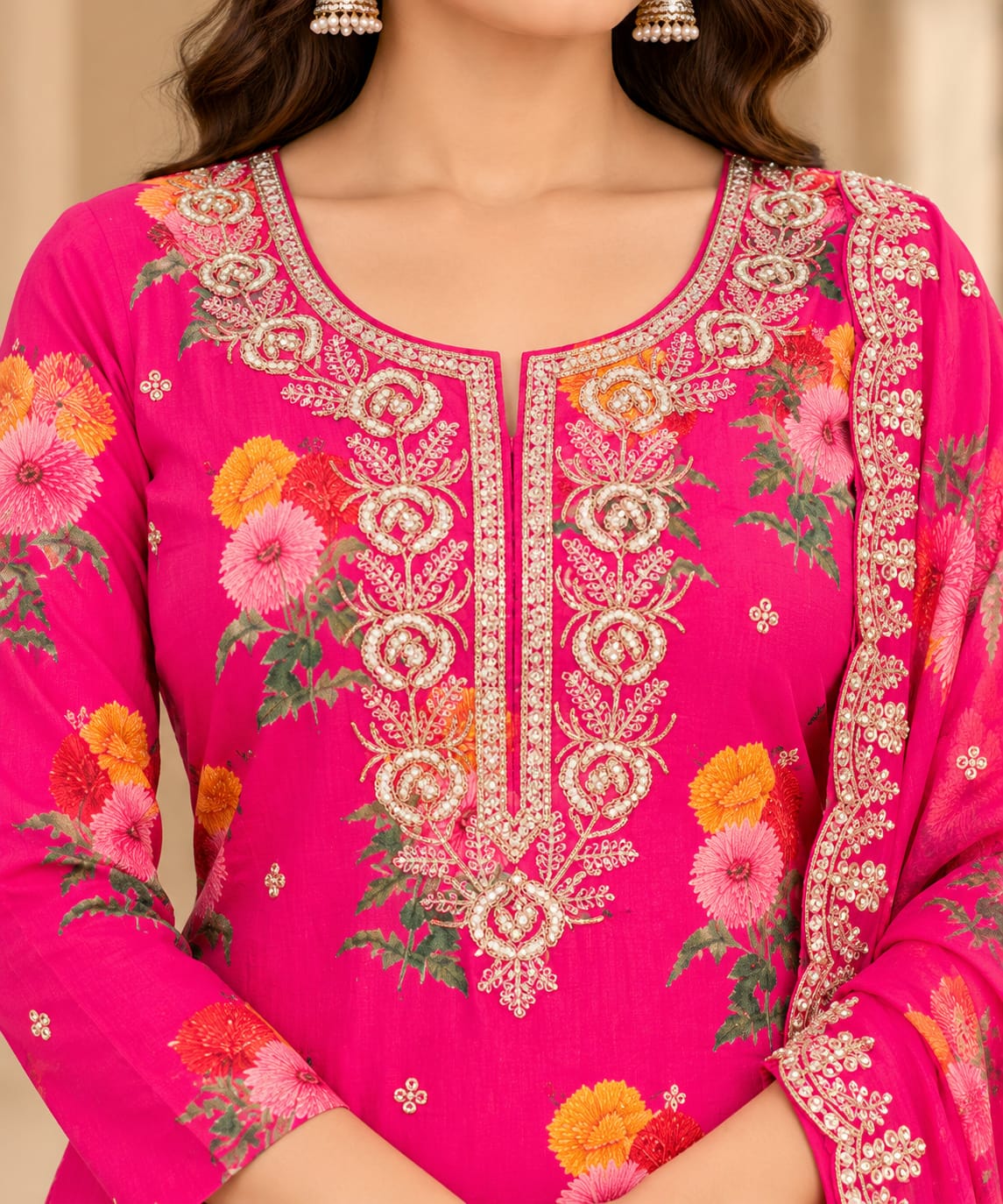 Hot Pink Floral Embroidered Kurta Pant Set with Designer Dupatta for Women | Elegant 3-Piece Ethnic Dress Material