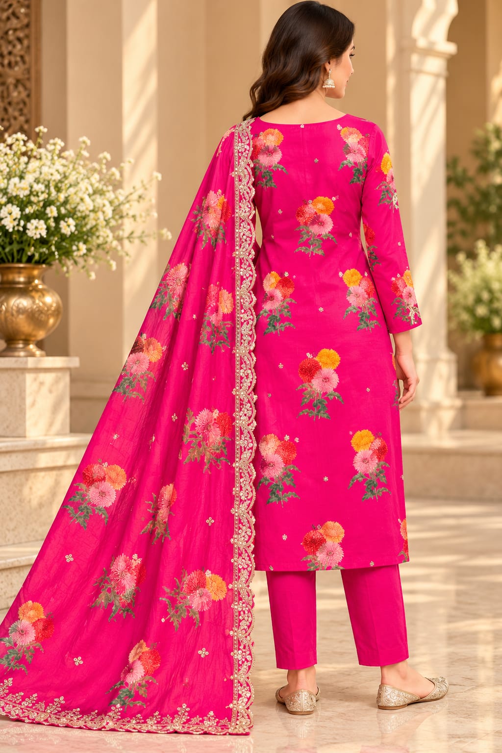 Hot Pink Floral Embroidered Kurta Pant Set with Designer Dupatta for Women | Elegant 3-Piece Ethnic Dress Material