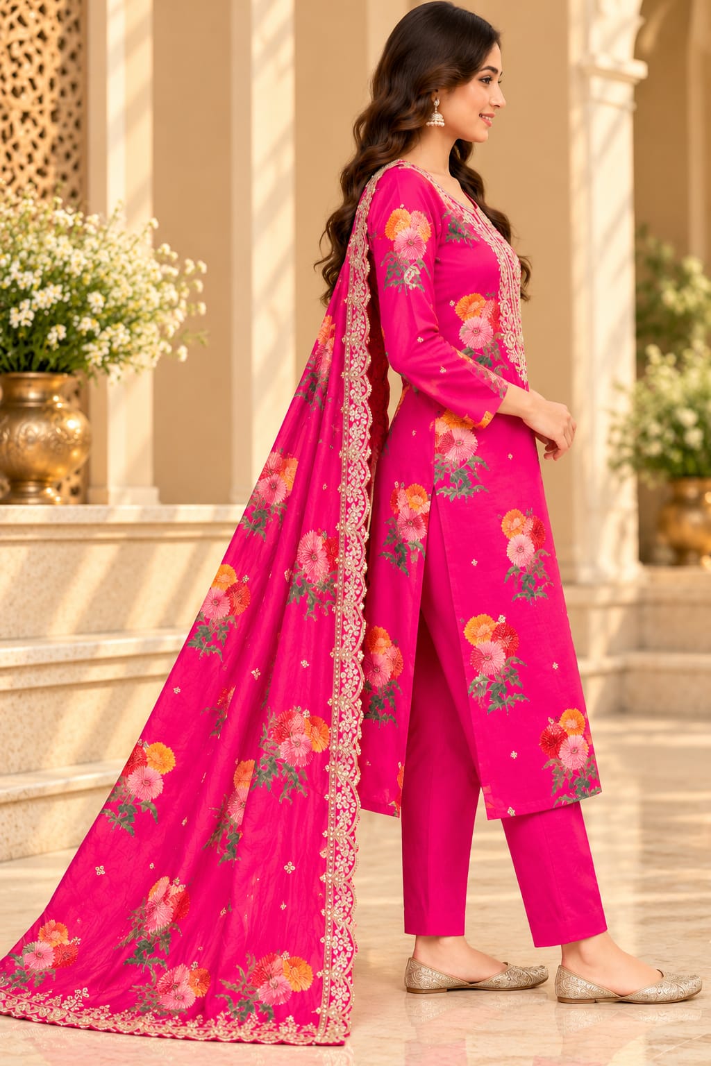Hot Pink Floral Embroidered Kurta Pant Set with Designer Dupatta for Women | Elegant 3-Piece Ethnic Dress Material