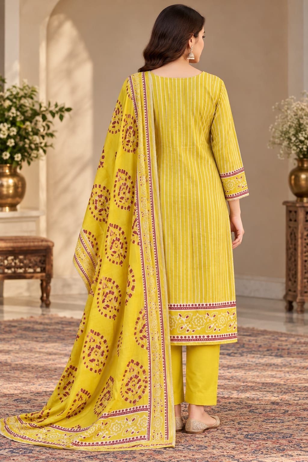 Women’s Mustard Yellow Printed Unstitched Salwar Suit Set with Maroon Ethnic Motifs & Matching Designer Dupatta | 3-Piece Dress Material